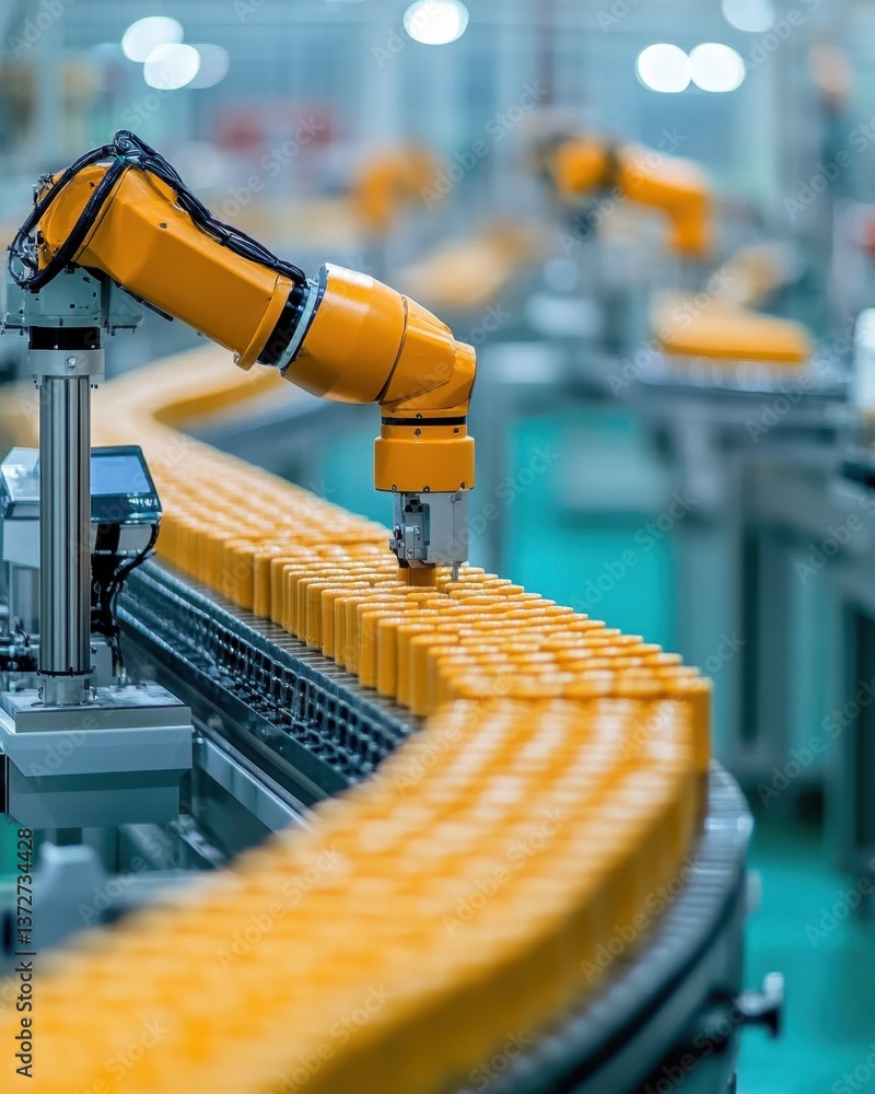 Poster precision automation in modern manufacturing robotic arm assembling product on conveyor belt in fact