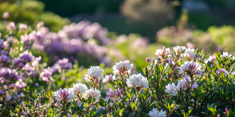 Vibrant White and Purple Blooms in a Sunlit Garden During Spring