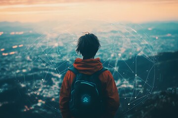 Person in orange jacket gazing at cityscape from mountain top during sunset with digital overlay