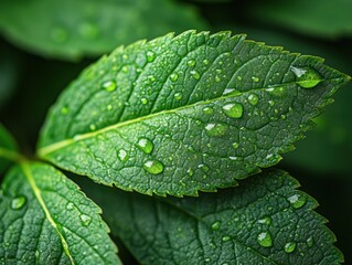 Macro of a large leaf with water drops on the surface.