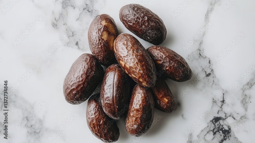 Poster artistic arrangement of fresh brown dates on a marble surface in a bright studio shot with a high an
