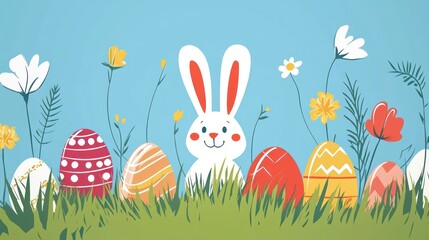Cute Bunny with Colorful Easter Eggs in Vibrant Spring Landscape