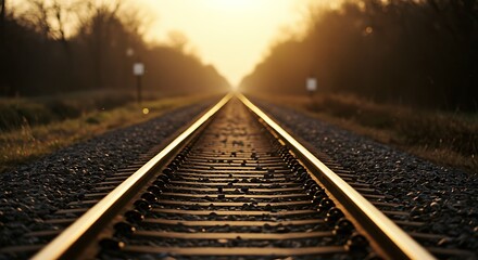 Fototapeta premium Railroad Tracks Stretching to the Horizon with Golden Sunset Light