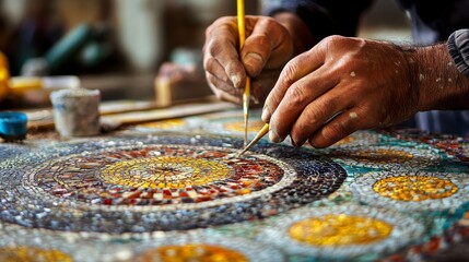 Fototapeta premium Hands painting a colorful mosaic artwork with a brush on