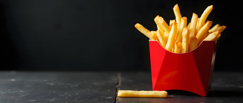 Cornet de Frites dans une boite en carton rouge sans marque et isol&eacute;e &agrave; droite de l'image sur un fond noir, une frite est d&eacute;pos&eacute;e devant, l'ensemble de la composition est sur une table noire 