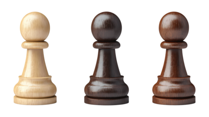 Wooden Pawn Icon Set in Three Poses on Transparent Background for Chess Graphics, Game Illustrations, or Strategy Concepts