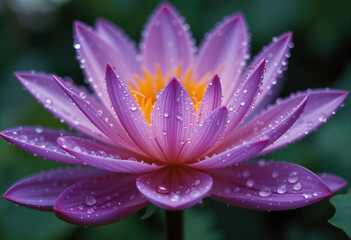 Fototapeta premium A beautiful purple flower with droplets of water on it. The flower is the main focus of the image, and the water droplets add a sense of freshness and life to the scene