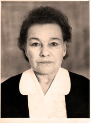 Krasnodar, USSR - 01.02.1974: Vintage portrait of an attractive elderly woman.