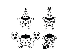 Cute Cartoon Sheep Party Icons Black and White Vector Illustration