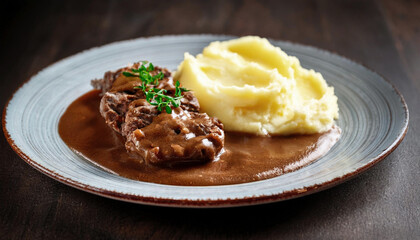Salisbury steak with mushroom gravy served with mashed potatoes. AI