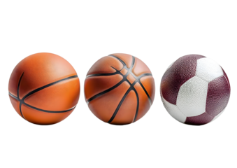 Isolated on a white background are four sports balls, including soccer, basketball, baseball, and a golf ball