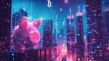 Fototapeta premium A tech-inspired design showcasing glowing circuits, digital currency symbols, and a holographic blockchain. Neon hues and a futuristic style emphasize a modern digital finance theme.
