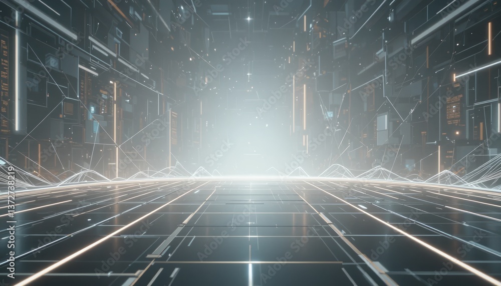 Poster exploring the futuristic digital environment of a high-tech grid virtual reality space 3d visualizat