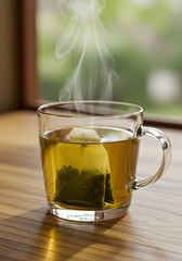 Steaming Cup of Herbal Tea with Tea Bag in Glass Mug – Cozy Morning Beverage with Natural Light on Wooden Table for Wellness and Lifestyle Concepts