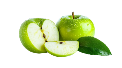 Isolated on a white background is a sliced green apple with an accompanying green leaf