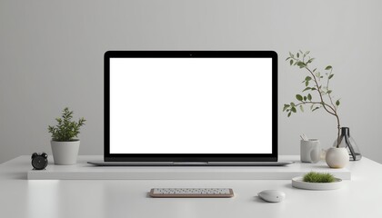 Modern workspace with laptop and indoor plants.