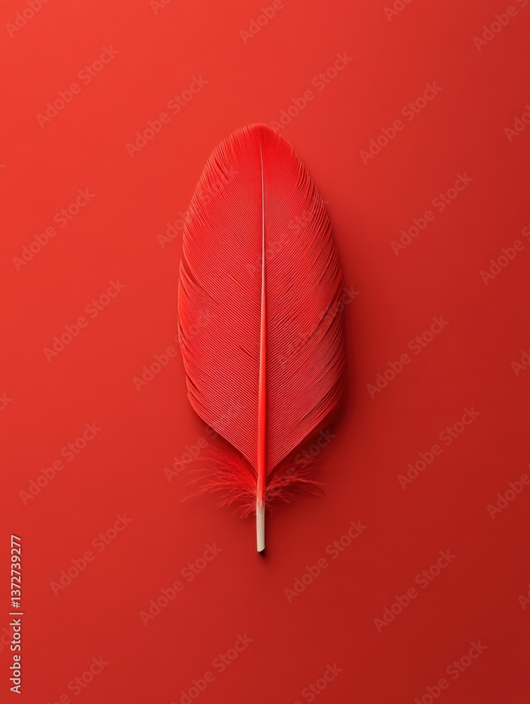 Poster Elegant Red Feather on a Matching Background Minimalist Composition Single Object Close Up Top View Studio Shot Simple Clean Design