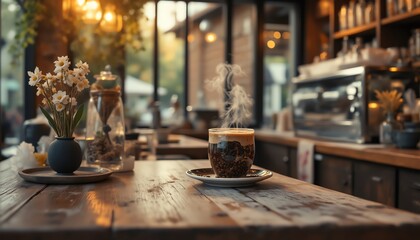 Warm coffee in cozy cafe with charming decor.