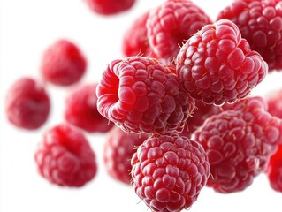 Fresh Raspberry Delight on White Backdrop Close Up Capturing Vibrant Red Hue and Juicy Texture Perfect for Healthy Lifestyle and Culinary Art