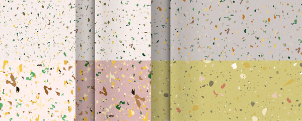 Set seamless terrazzo patterns. Pattern for ceramics marble natural stone. Vector stock illustration textured shapes in vibrant colors