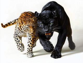 Illustration of a jaguar and panther rendered with vibrant colors. The animals are depicted in a dynamic, forward-moving pose.