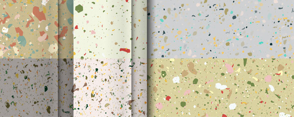 Set seamless terrazzo patterns. Pattern for ceramics marble natural stone. Vector stock illustration textured shapes in vibrant colors