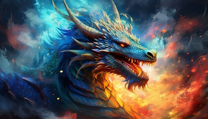 A hyper realistic 3D rendering of a fierce Chinese dragon in the middle of fire, with smoke and blue light;