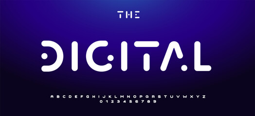 Rounded futuristic digital font with smooth minimal letters and tech dot details, sleek modern alphabet for tech headline, apps text, digital UI, software logo. Futuristic vector typeset.