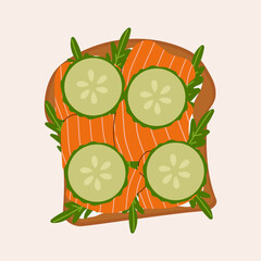 Toast with salmon, rucola and cottage cheese. Top view. Cartoon isolated vector illustration. 
