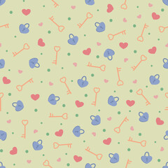 Seamless pattern with polka dot, keys, lock, and heart. Wedding or Valentine theme for texture, wallpaper, textiles, cards, stationery, phone cases, paper gifts, and wrapping.