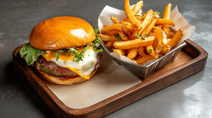 Delicious burger with cheese and fries on wooden tray