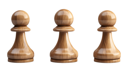 Wooden Pawn Icon Set in Three Poses on Transparent Background for Chess Graphics, Game Illustrations, or Strategy Concepts