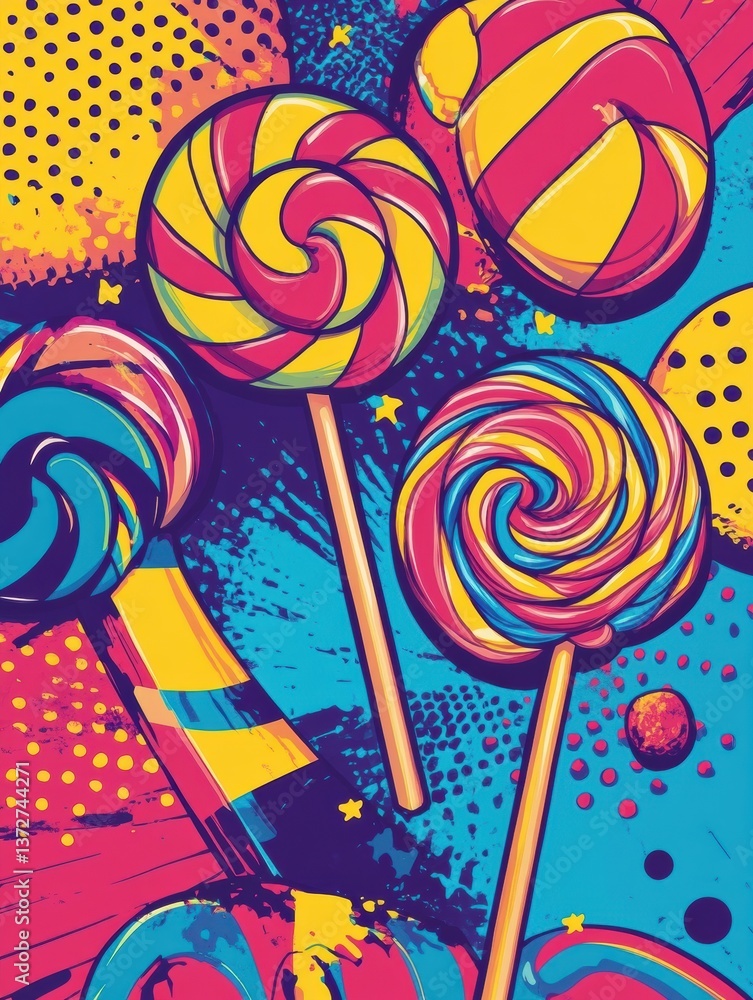 Fototapete dynamic pop-art background with oversized colorful lollipops and candy shapes showcasing vibrant com