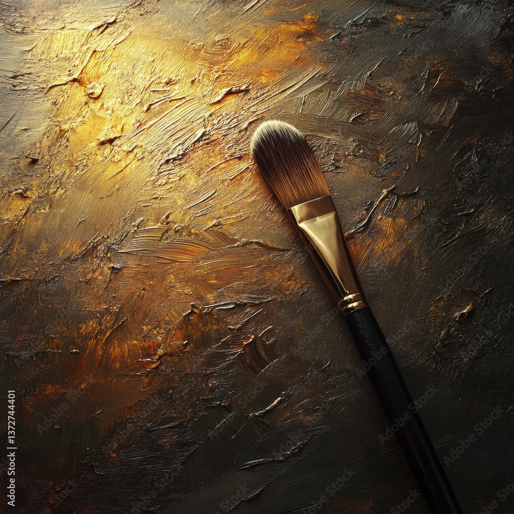Poster long-handle brush glides over textured canvas, blending deep colors with warm golden light for an at