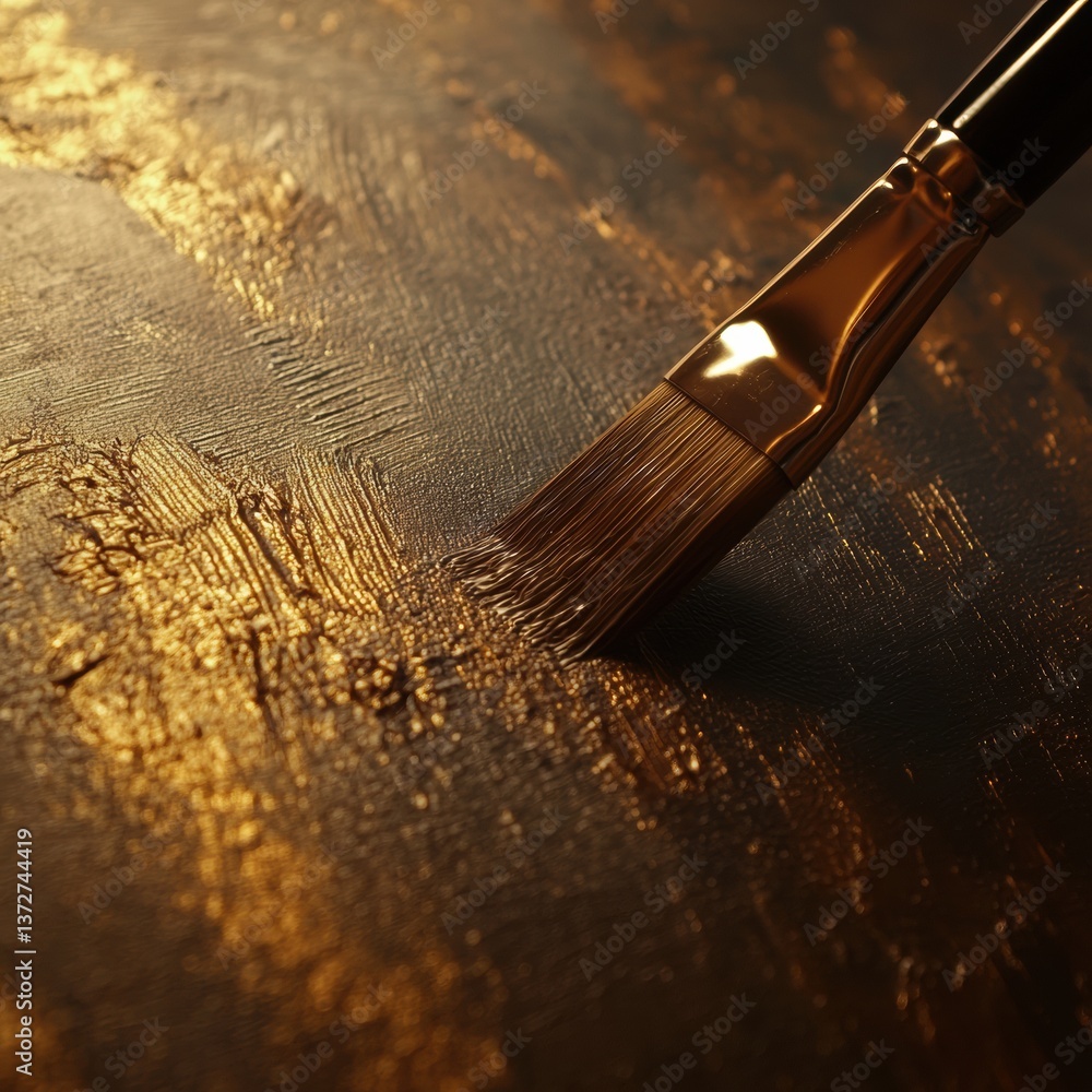 Aufkleber long-handle brush glides across textured canvas, creating expressive strokes in deep colors under wa