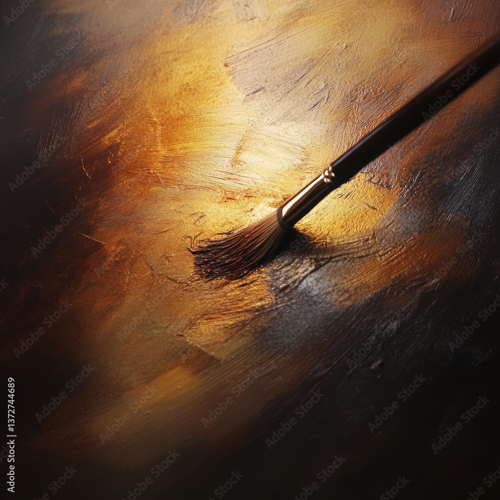 Aufkleber brush glides gracefully across textured canvas in warm golden light creating deep, moody colors and 