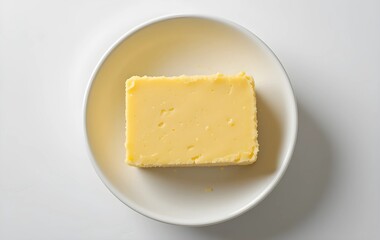 Top view of block of butter in white bowl on white background, block of butter in white bowl, yellow butter in white bowl