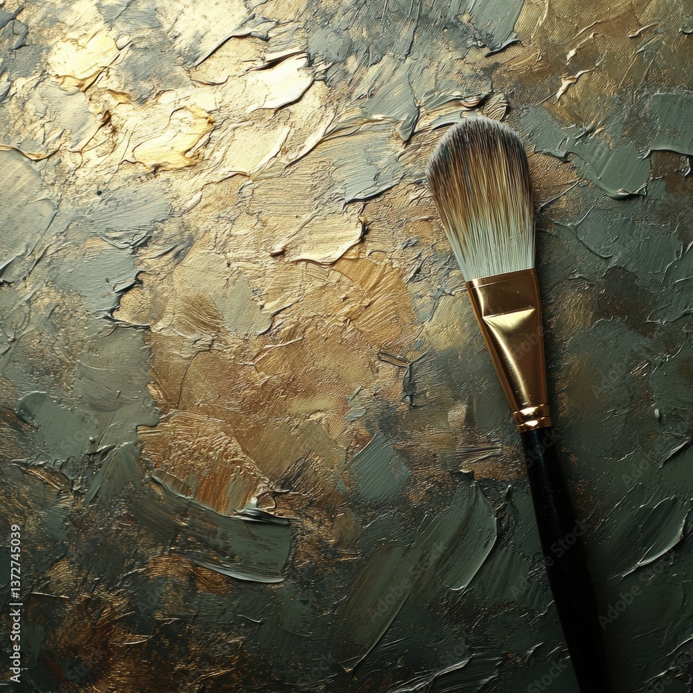 Poster softly lit brush glides over textured canvas, creating deep colors and dynamic strokes in a warm gol