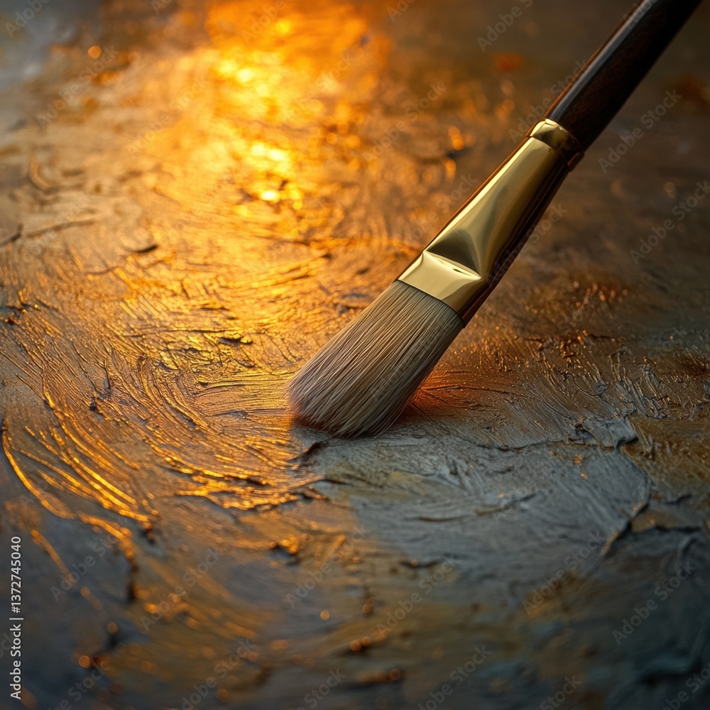 Aufkleber soft light illuminating a brush gliding across a textured canvas with deep colors and warm golden to