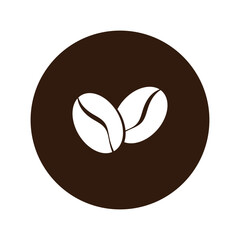 Vector illustration of an icon, a logo of brown coffee beans on a round emblem on a white background.