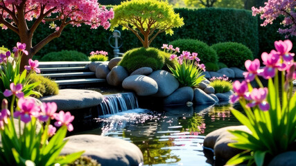 Fototapeta premium Japanese garden with waterfalls and steps, pink cherry blossom in spring, landscaping,
