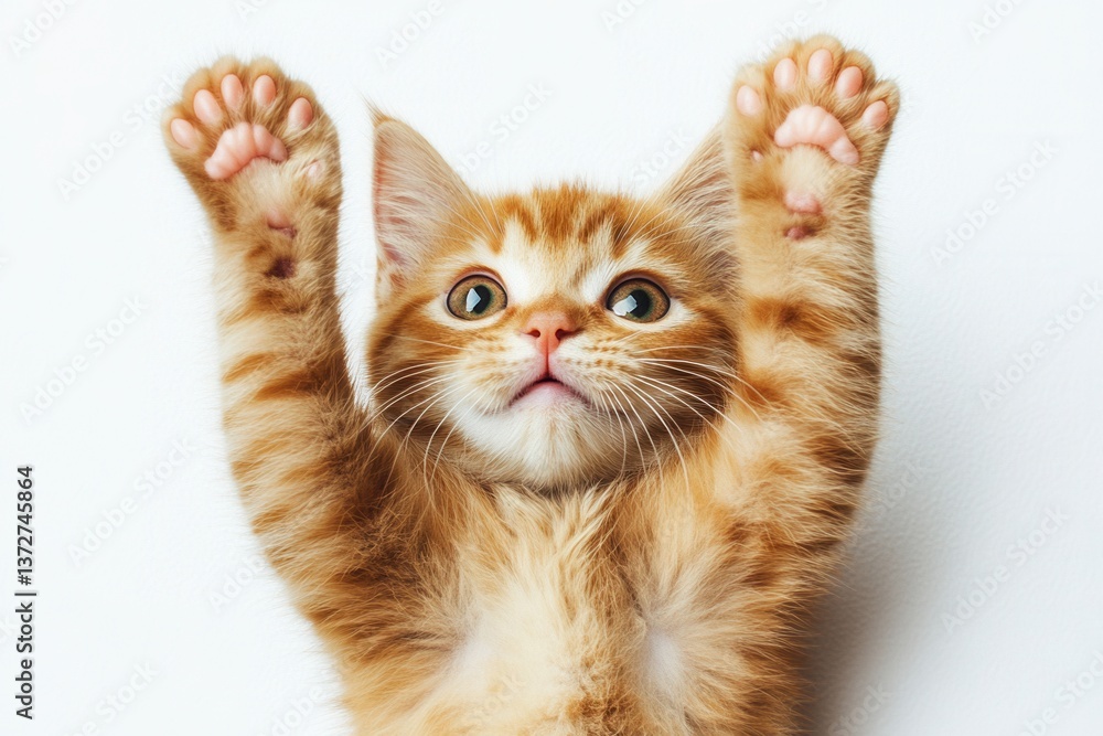 Poster adorable ginger kitten with paws up against white background showcasing playful feline charm and inn
