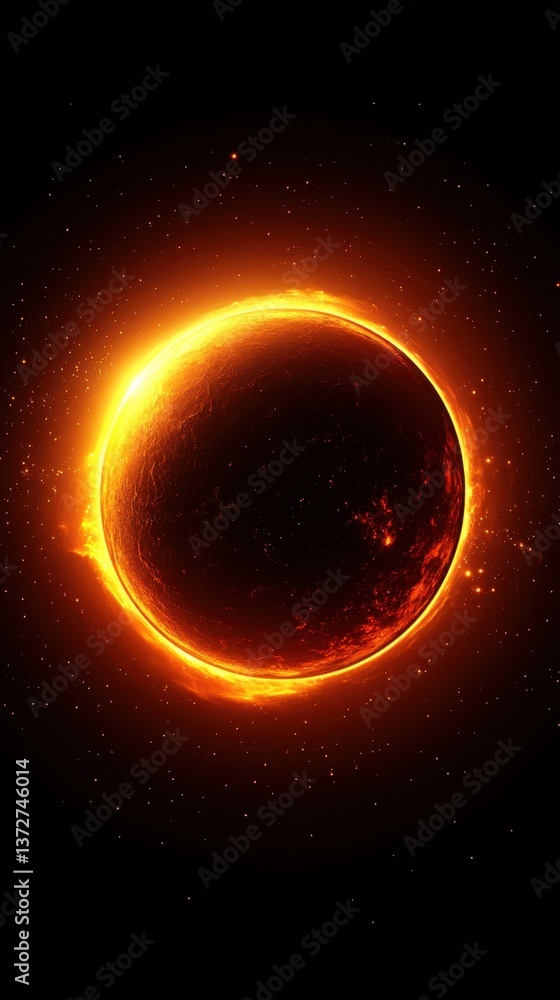 Poster fiery celestial sphere in the vast cosmic expanse glowing with intense heat and starlight creating a