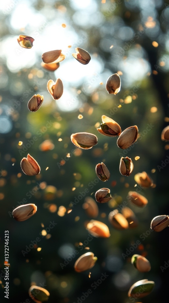 Poster pistachio nuts cascading downward in a stunning display of culinary delight and natural elegance wit