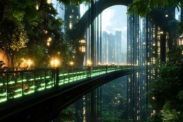 Futuristic bridge illuminated by lights, surrounded by lush greenery and towering city structures. Majestic urban jungle looks enchanting at twilight