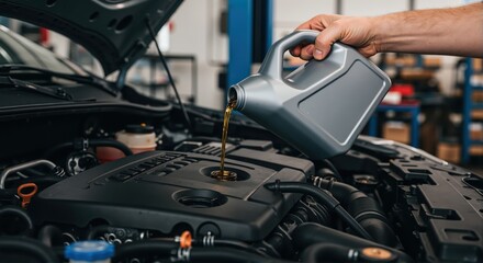 Man pouring engine oil into car engine in auto repair shop  