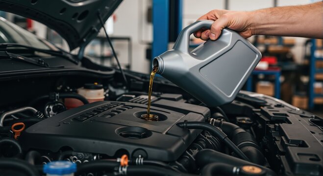 Man pouring engine oil into car engine in auto repair shop  