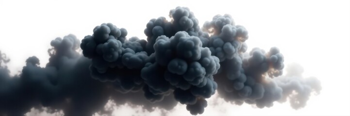 Intense black smoke plume bursts against pure white backdrop , rising, graphic