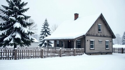 Winter Wonderland Cottage A Cozy Snow Covered House Behind a Wooden Fence with Evergreen Trees