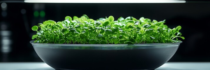 Lush green sprouts growing in a bowl under controlled lighting conditions. Aeroponics offers an innovative solution for sustainable farming.
